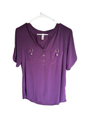 PerSeption Concept Women's Large Eggplant Roll Tab Sleeve Button Accent Top